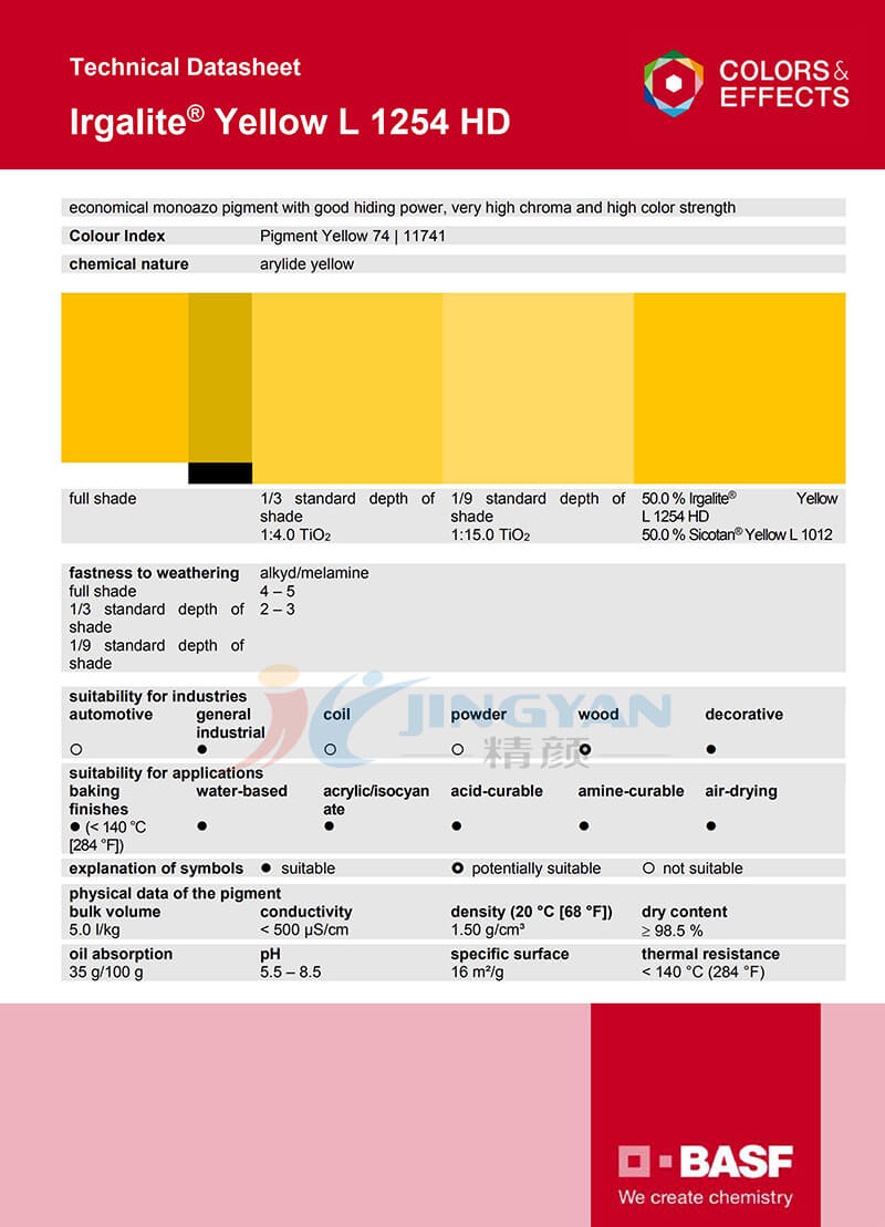 巴斯夫L1254HD單偶氮顏料黃TDS技術數據報告