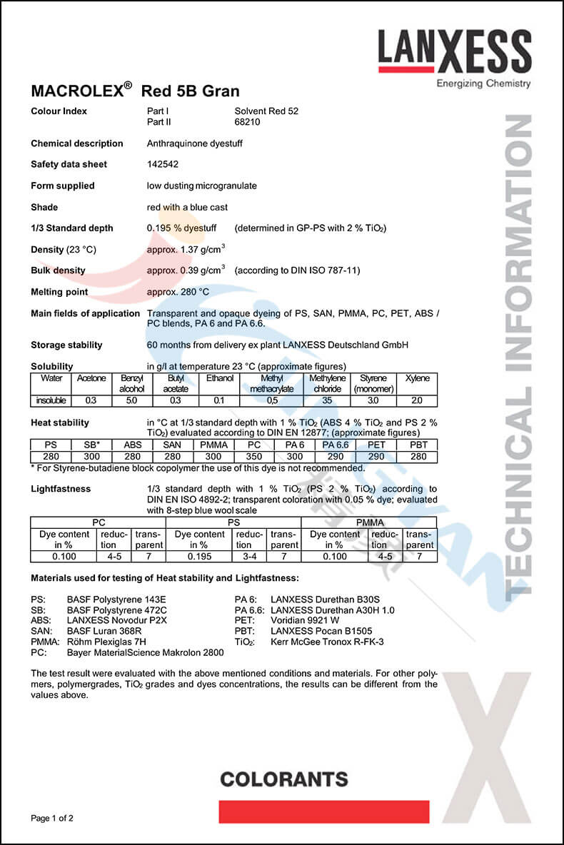 朗盛馬高列斯染料5B紅GRAN版本數據表1