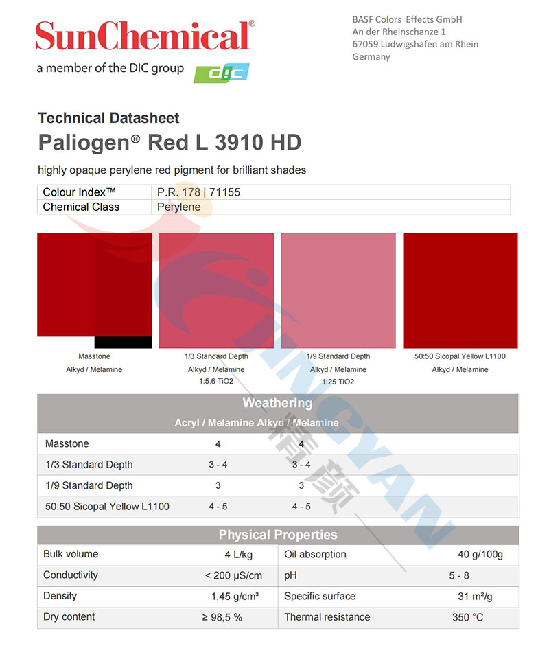 DIC L3910HD苝紅顏料TDS技術數據報告